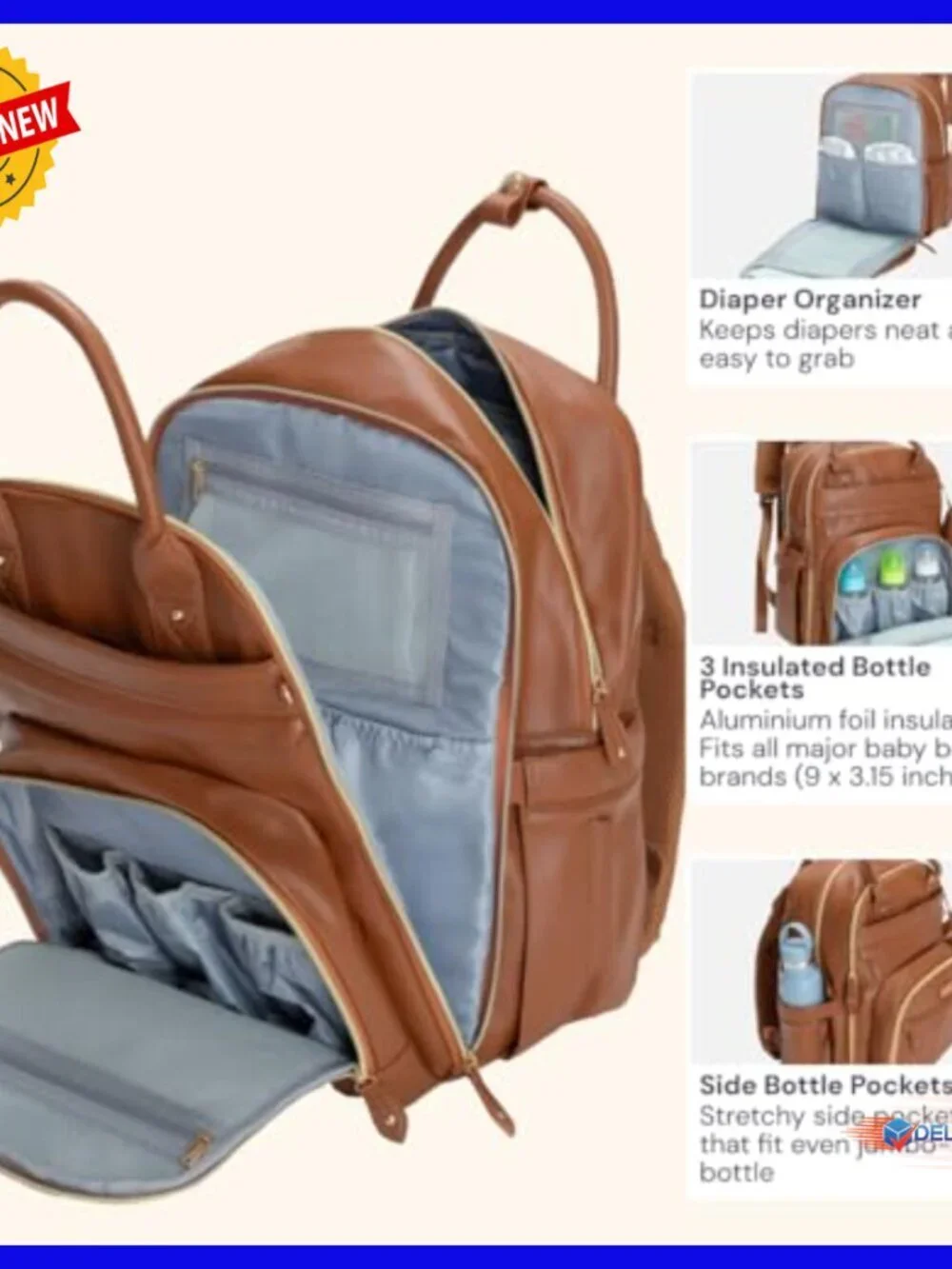 Large Vegan Leather Diaper Backpack with Changing Pad, Water Resistant, 26L